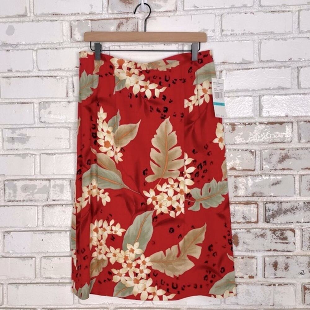 Alfred Dunner Floral Cheetah Print Red Cream Pleated Waist Midi Skirt Petite